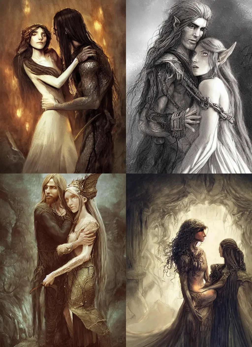 Prompt: a gobelin with long hairs holds an elven princess in his arms in alan lee and marc simonetti and emil melmoth style , cinematic lighting