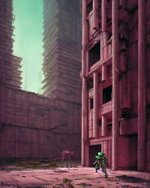 Image similar to hyperrealistic 3d render highly detailed exoskeleton baroque mecha iridescent pink brutalist city ruins background concept art octane santiago caruso de chirico sharp very dramatic green light 8k low angle shallow depth of field