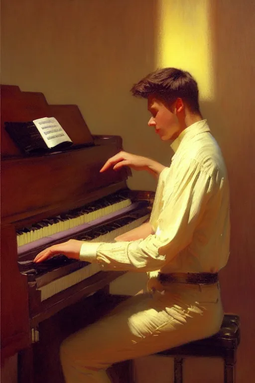 Prompt: attractive male, playing piano, low - key lighting, vaporwave, painting by gaston bussiere, craig mullins, j. c. leyendecker