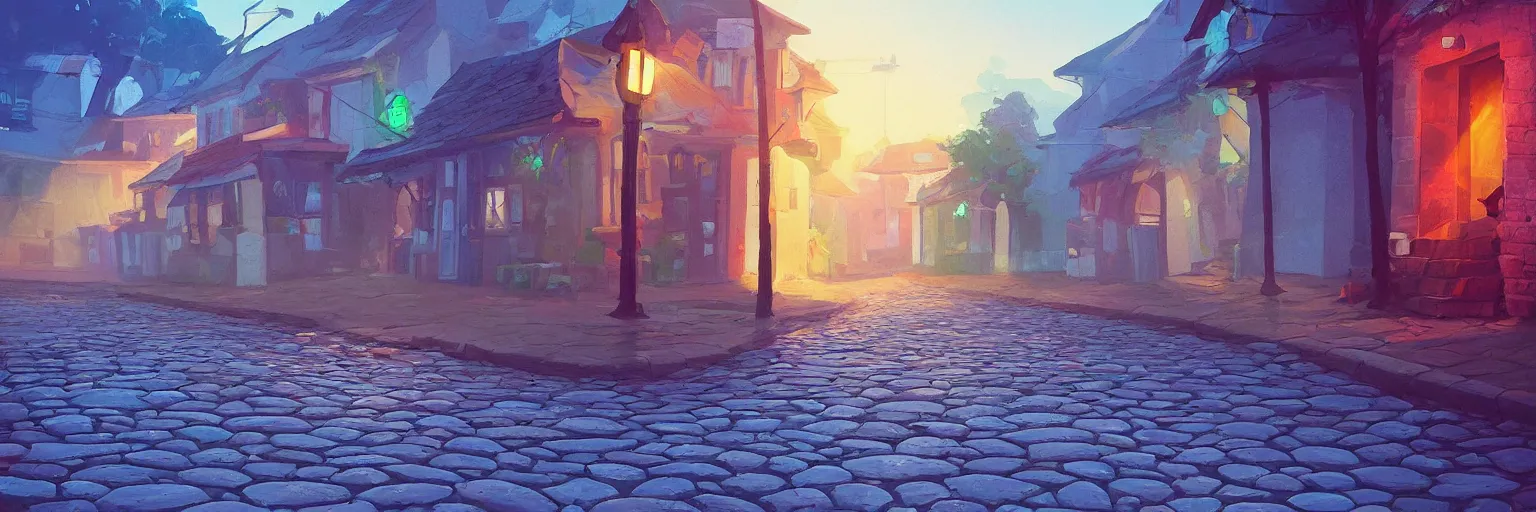 Prompt: a lonely cobblestone street, near the beach and the sea, brightly illuminated by rays of sun, artstation, colorful sylvain sarrailh illustration