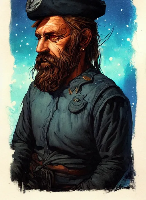 Image similar to portrait of grizzled sailor, night sky background, coherent! by brom, deep color, strong line, high contrast