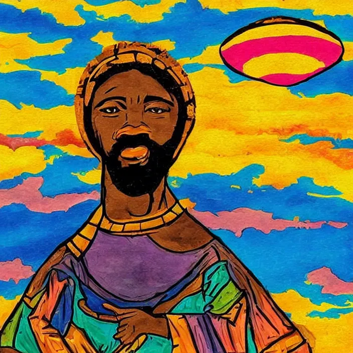 Prompt: UFO hovering over an African Jesus , clouds, colorful, in the style of Nigerian truck art,