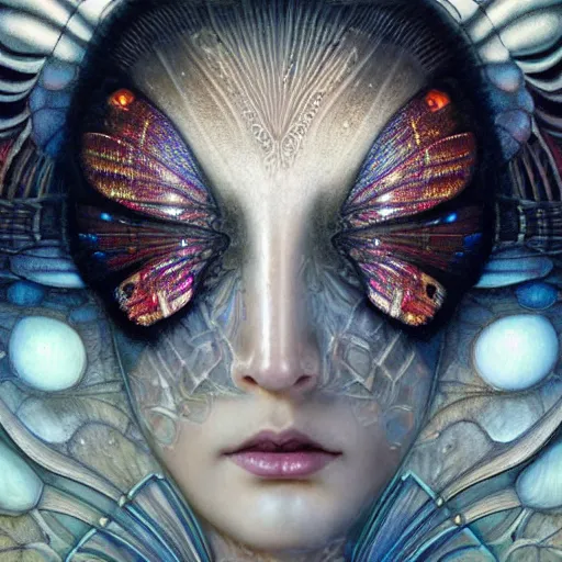 Image similar to beautiful closeup portrait of an art deco faerie queen, glowing eyes. reflective detailed textures, moth wings, highly detailed dark fantasy science fiction painting by tom bagshaw and diego rivera and annie swynnerton and jean delville, elaborate geometric ornament, ancient runes, silver and cool colors. artstation