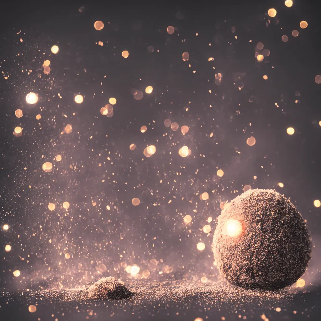 Prompt: a ball of dough, flour dust, backlit, black background, particles, fire, high quality action photography, studio photo, 50mm, bokeh