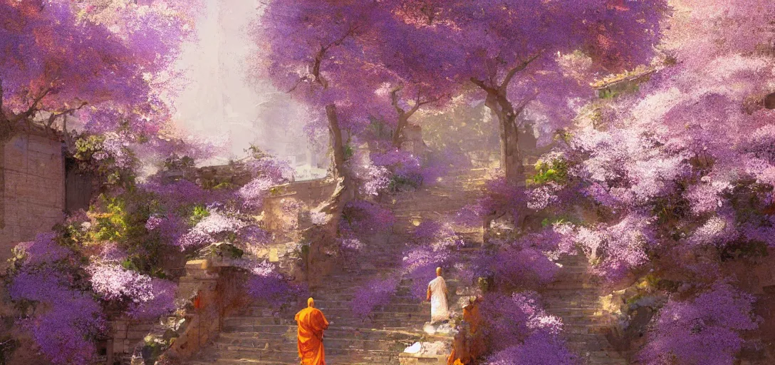 Image similar to A monk walks up stairs lined with cherry blossom trees and jacaranda trees, golden hour, by Craig Mullins, arstation, concept art