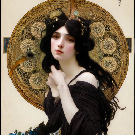 Prompt: highly detailed portrait of a beautiful cute girl with feathers, endless black hair, with pale skin, fibonacci, fragile, sitted on an intricate stone throne by alphonse mucha, nicola samuri, dino valls, m. w. kaluta, rule of thirds, seductive look, 4 k resolution