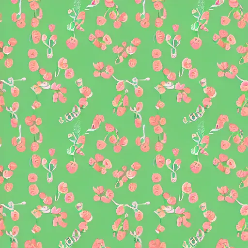 Image similar to repeating fabric pattern, minimalistic, miniature tiny peach color flowers, green vines and leaves