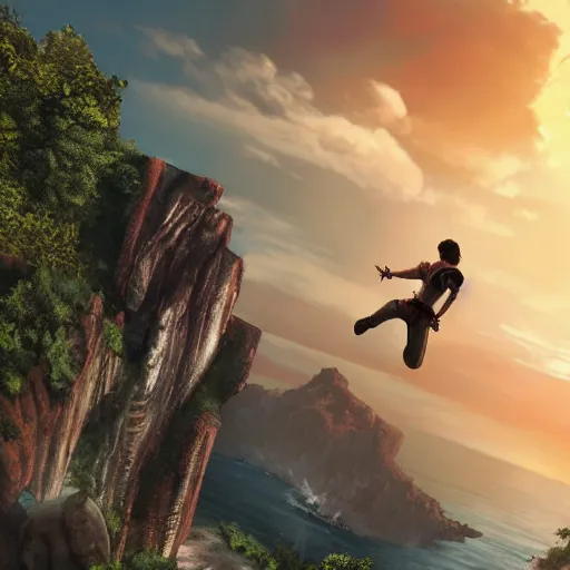 Prompt: young nathan drake jumping off a cliff, highly detailed