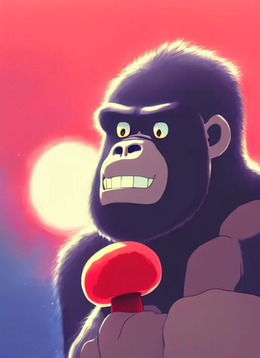 Prompt: wholesome cartoon anime gorilla holding a very small red mushroom, chilled out smirk on face, sunny sky background, lush landscape, illustration concept art anime key visual trending pixiv fanbox by wlop and greg rutkowski and makoto shinkai and studio ghibli and kyoto animation, symmetrical facial features, red headphones on head