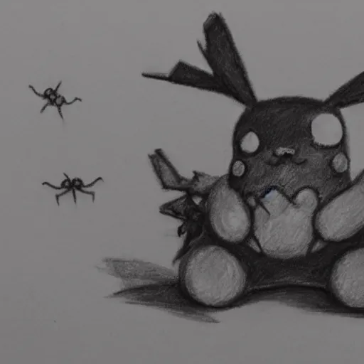 Image similar to charcoal sketch of pikachu being eaten by a colony of ants