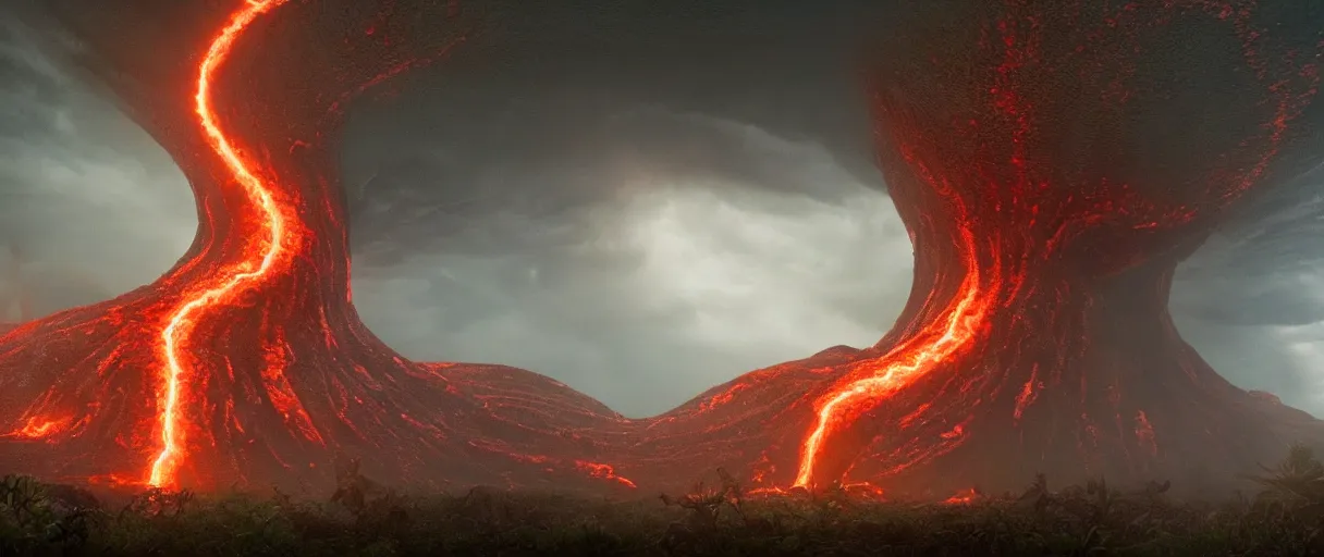 Prompt: a giant octopus god emerging over a rain forest, lightning, ambient sun, a volcano erupts, still from the movie the arrival, 8k