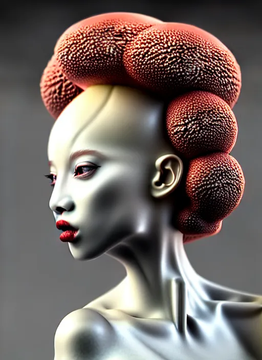 Image similar to intricate hyper detailed ultra sharp focus front shot 3 d render of a beautiful porcelain ivory afro woman, close - up, f 2. 8 1 5 0 mm, sharp focus, alexandre ferra, elegant bionic cyberpunk red mechanical haute couture fractal mushroom corals, white mycelum and fungi head ornaments, octane render, volumetric cinematic lighting, 8 k,