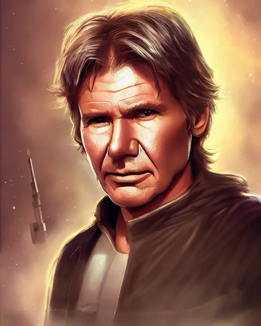 Prompt: harrison ford as luke skywalker, portrait, fantasy art, in the style of artgerm, illustration, epic, fantasy, intricate, hyper detailed, artstation, concept art, smooth, sharp focus, ray tracing, vibrant, photorealistic, simon bisley