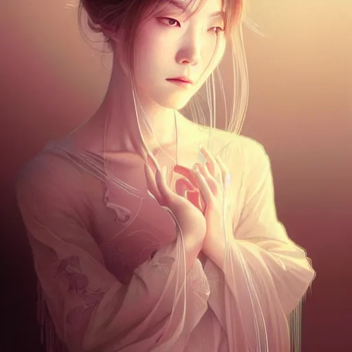 Image similar to ultra realistic illustration, a japanese female digital ghost, transparent, static, intricate, elegant, highly detailed, digital painting, artstation, concept art, smooth, sharp focus, illustration, art by artgerm and greg rutkowski and alphonse mucha