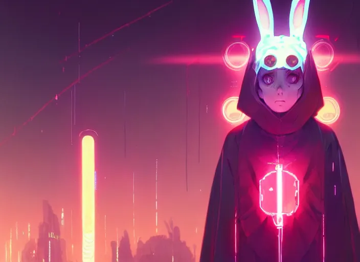 Image similar to cyberpunk rabbit wearing glowing robe, details, futuristic, epic, sacrificial altar, landscape illustration concept art anime key visual trending pixiv fanbox by wlop and greg rutkowski and makoto shinkai and studio ghibli and kyoto animation symmetrical facial features