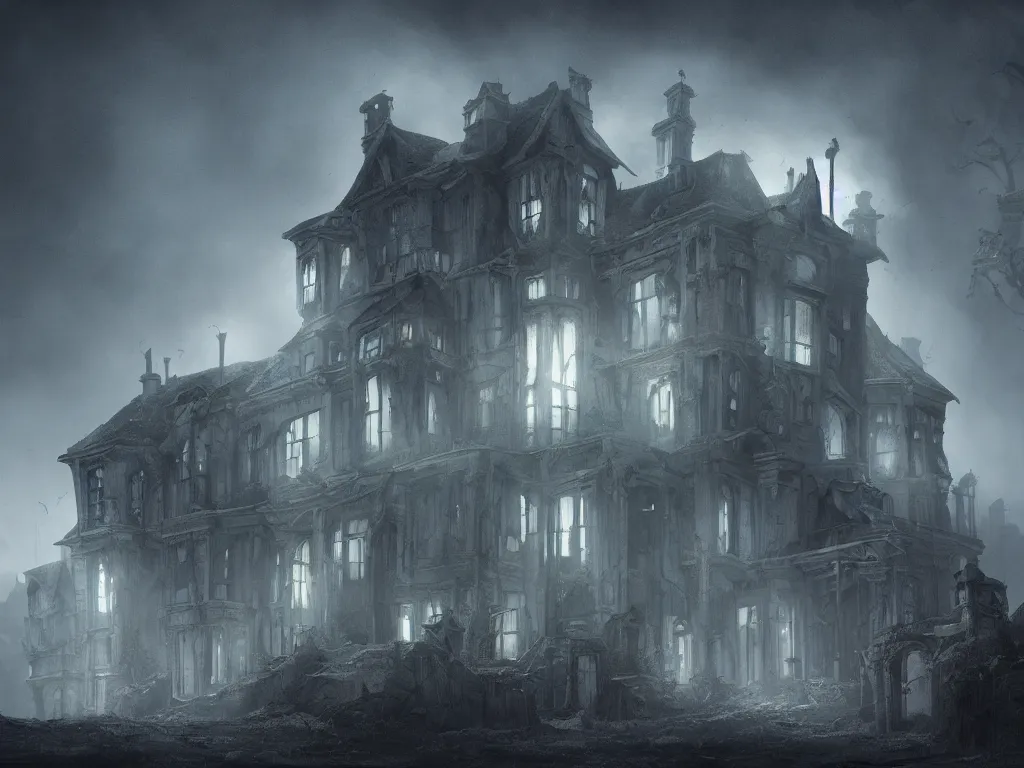 Image similar to a haunting matte painting of a disturbing dilapidated scary mansion with eerie glowing windows at the edge of world, concept art, illustration, trending on artstation,