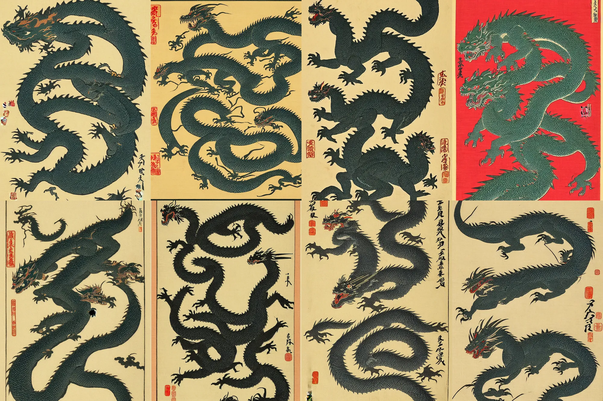 Prompt: Japanese art Woodblock print of a oriental dragon, in ancient Japan