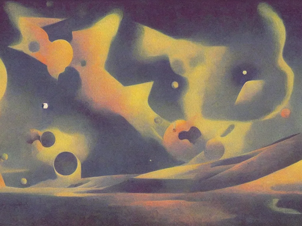Prompt: white dream bot mothership crashed in the crater of pelt and carbon. painting by max ernst, agnes pelton, rene magritte, moebius