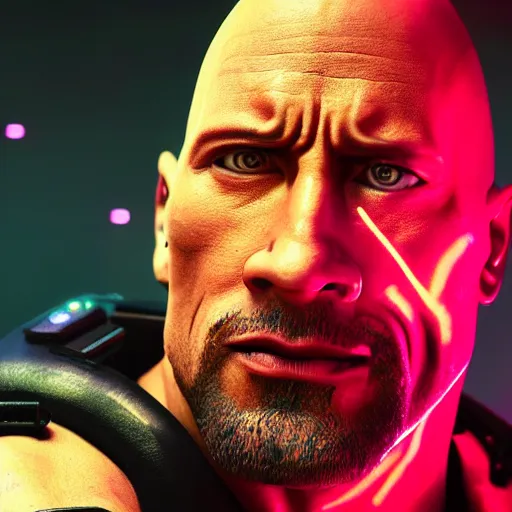 Image similar to dwayne johnson half - robot, cyberpunk 2 0 7 7, photorealistic, ultra detailed, neon, octane, bokeh, cinematic lighting, cyber, cyberpunk city, studio quality, feature, scars, cyberface, 8 k