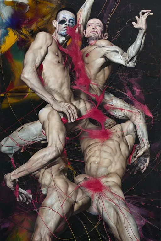 Image similar to muscular men entwined together, floating in space, zero gravity, inside a brutalist space ship, gothic, rich deep colours, painted by francis bacon, adrian ghenie, james jean and petra cortright, part by gerhard richter, part by jenny saville, part by takato yamamoto. 8 k masterpiece