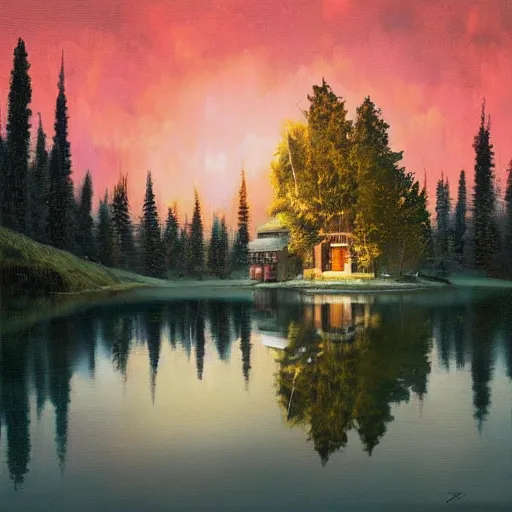 Image similar to small robot cottage at the edge of a lake in the mountains, painterly painting by james gueney and beeple, soft glowing windows, early evening, reflections, pine trees, detailed, outlined