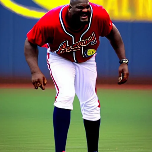 Prompt: shaquille o'neal playing center field for the atlanta braves