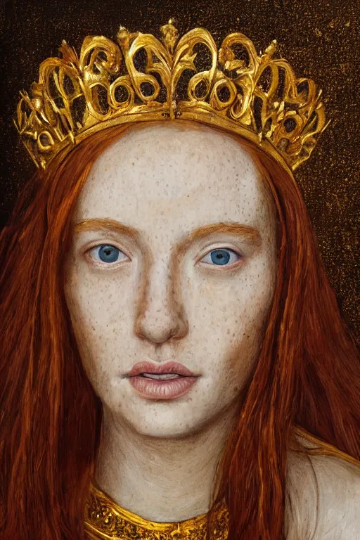 Prompt: hyperrealism close-up portrait of beautiful medieval ginger queen with freckles, tiara, neutral look, face fully cover in golden paint, wearing dark silk, in style of classicism