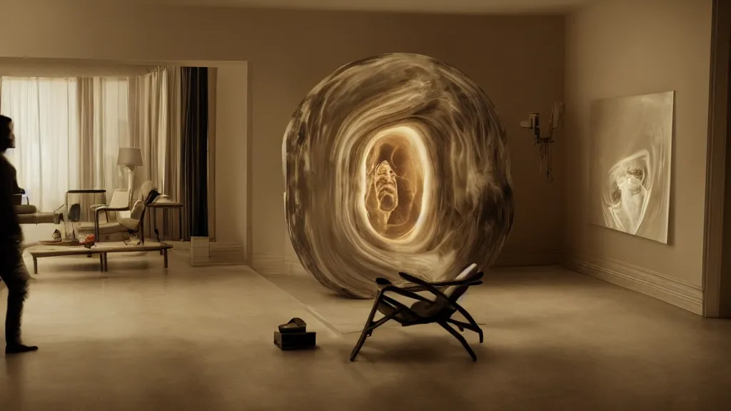 Image similar to an mri image in the living room, film still from the movie directed by denis villeneuve with art direction by salvador dali, wide lens