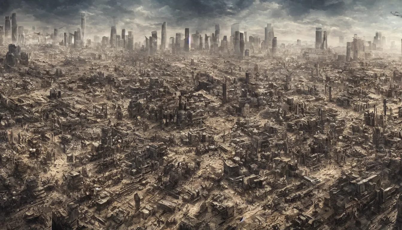 Prompt: a dream of a vast city at war, future, communist, post-apocalyptic, Los Angeles, hyperrealistic, highly detailed