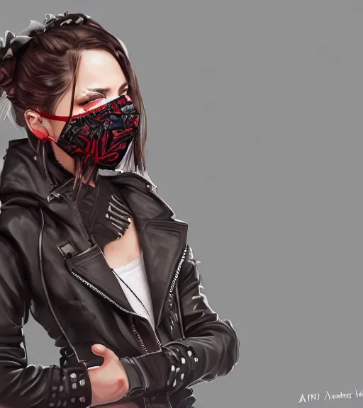 Image similar to a girl wearing a jacket, mask, punk outfit, highly detailed, digital painting, artstation, concept art, smooth, sharp focus, illustration