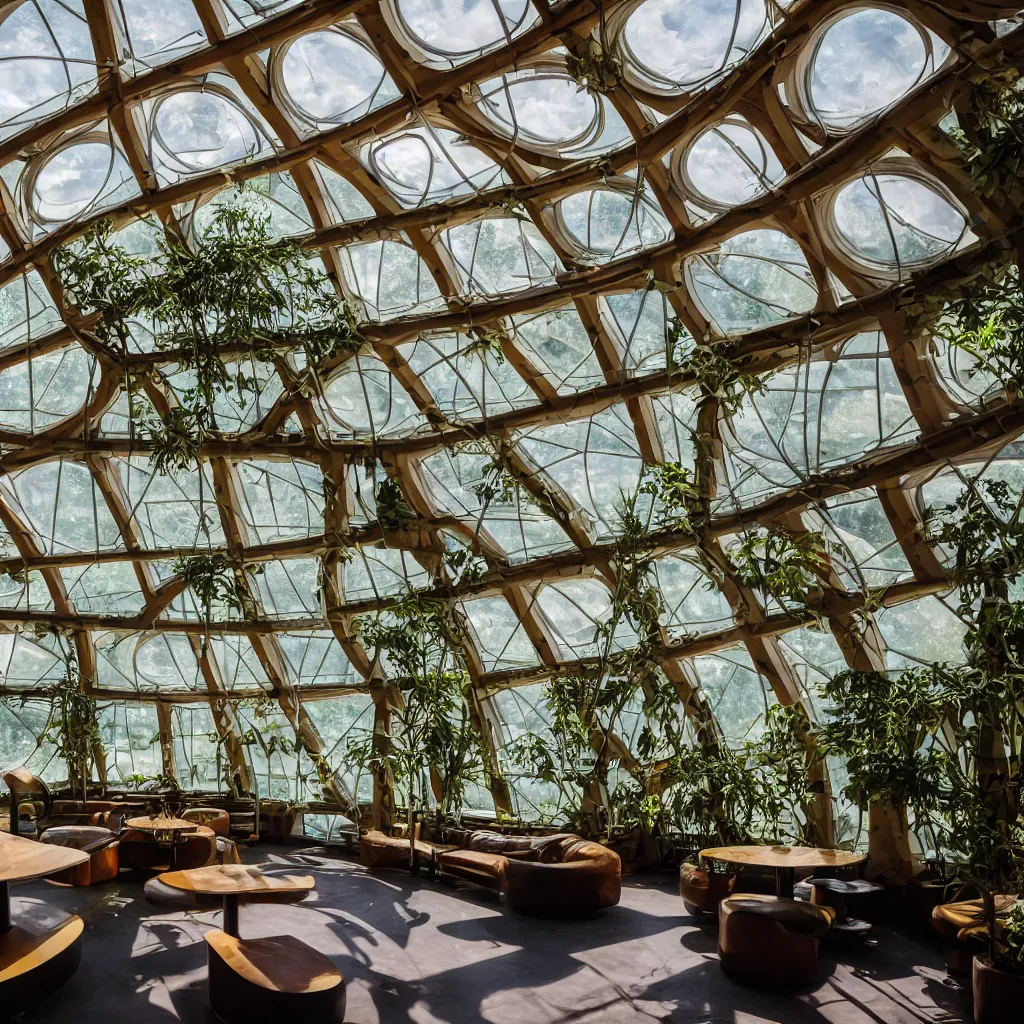 Image similar to inside luxurious earthship with futuristic sunken lounge and indoor garden with circular skylights, dining hall and recreation space, XF IQ4, 150MP, 50mm, F1.4, ISO 200, 1/160s, dawn