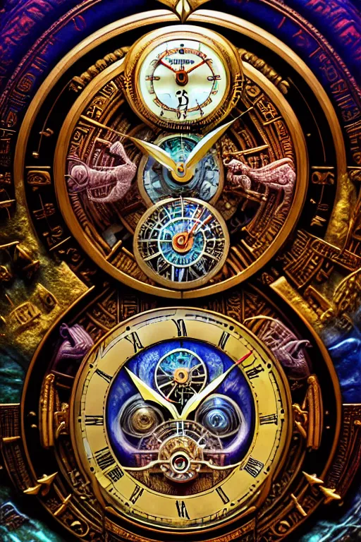 Prompt: symmetrical Ancient Egyptian chronograph tourbillon clocks james gurney, dan luvisi, Petros Afshar, tim hildebrandt, liam wong, Mark Riddick, thomas kinkade, ernst haeckel, dan mumford, trending on artstation, josephine wall, WLOP, cgsociety by Gediminas Pranckevicius, trending on cgsociety, watch photo