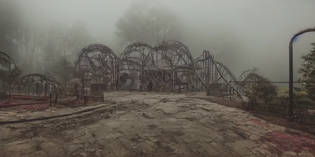 Image similar to creepy view into abandoned theme park with many attractions, fog, rain, volumetric lighting, beautiful, golden hour, sharp focus, highly detailed, cgsociety