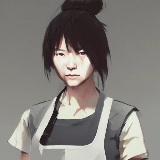 Image similar to portrait of a short muscular Japanese woman with a short ponytail wearing a gray t shirt and a work apron, dramatic lighting, illustration by Greg rutkowski, yoji shinkawa, 4k, digital art, concept art, trending on artstation