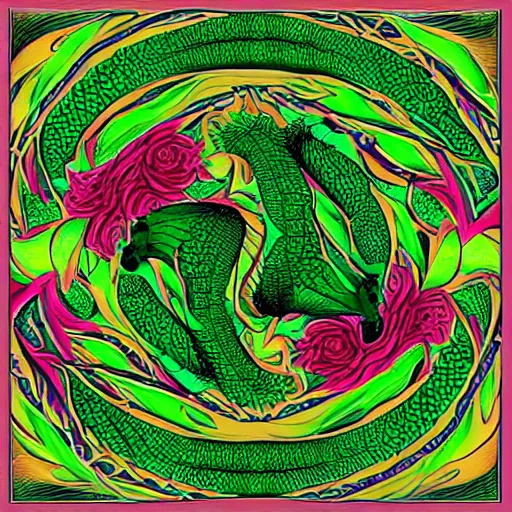 Prompt: rhaegal, green dragon, surrounded by rosebuds in fractal patterns