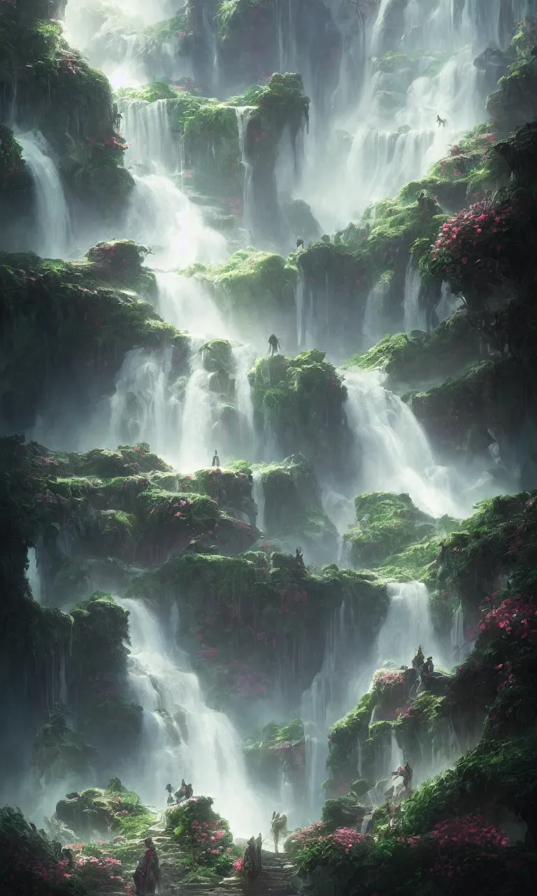 Image similar to fantasy world detailed art, dreamy roses waterfall, cinematic view, detailed, concept art, high detail, warm fantasy lighting, volumetric, trending on artstation, art greg rutkowski