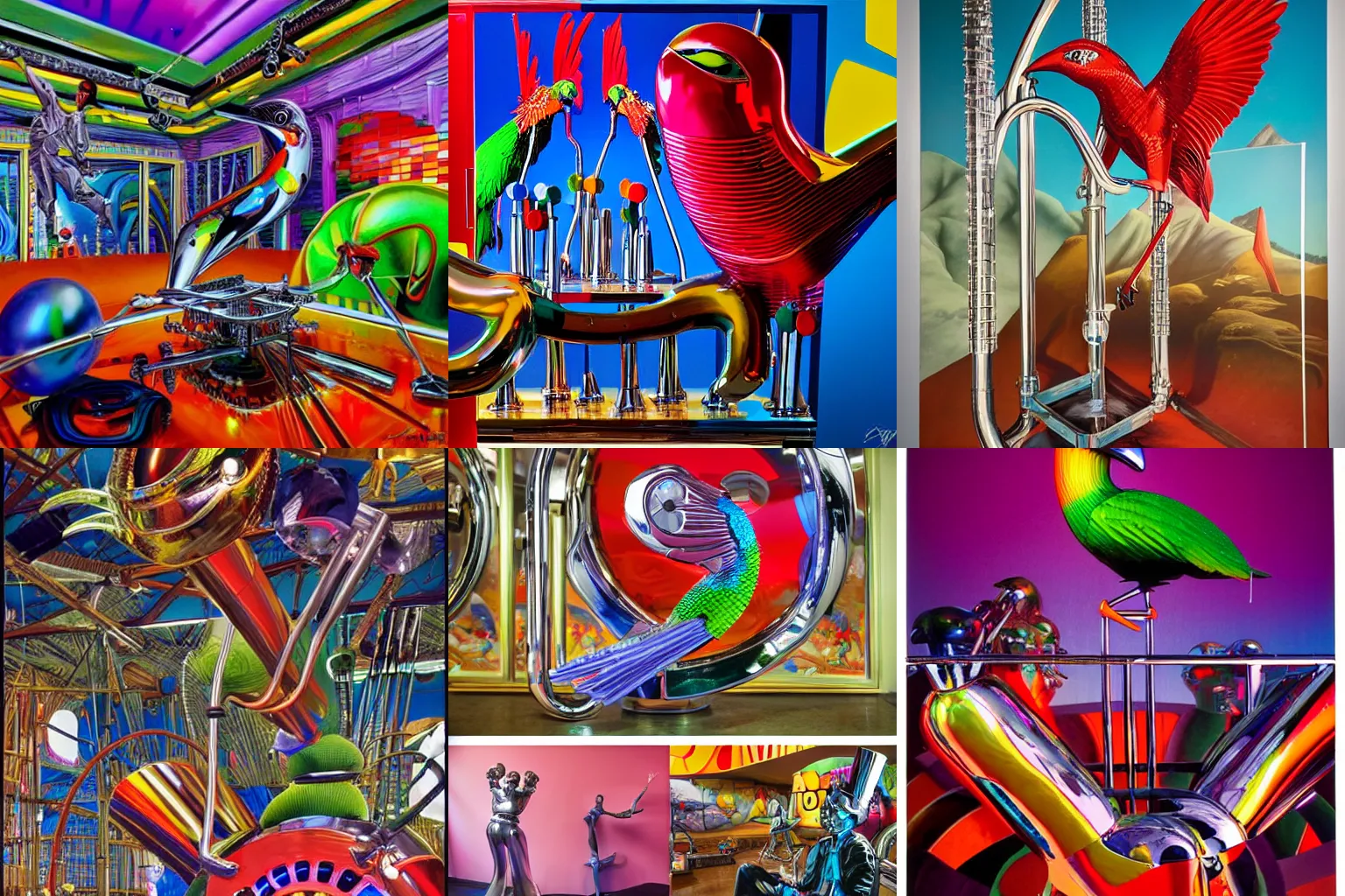 Prompt: A propaganda, chrome mechanical parrot made from chrome tubes by moebius, by david lachapelle, by angus mckie, by rhads, by jeff koons, in a studio hollow