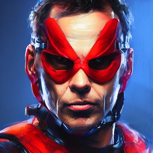 Image similar to portrait of superhero by greg rutkowski, michael biehn wearing a blue and red kevlar gear, highly detailed portrait, digital painting, artstation, concept art, smooth, sharp foccus ilustration, artstation hq