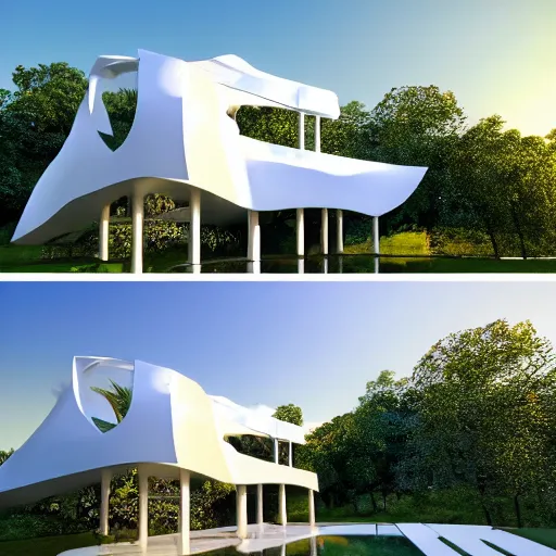 Prompt: evolving fractal, flowing white architectural Villa, futuristic 3D, voronoi pattern pavilion with magnolias on the roof, perforated shaders, sunrays through the pavilion structure, lush botanical trees, prairie landscaping, sunrise, golden hour, illuminated pool, fluffy clouds