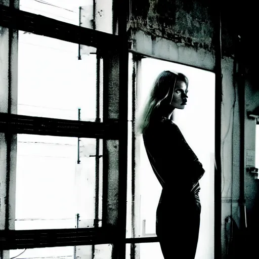 Image similar to runaway beautiful supermodel replicant looking out the window in a dirty abandoned factory, short blonde hair, still from closed circuit tv footage, high angle