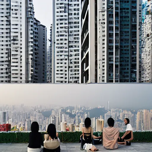 Image similar to a small rooftop with a couple of people sitting and watching the view, wearing black modern clothes, designed by rick owens, messy short hair, modern hong kong is on the background, sunset, pale colors, by gregory crewdson