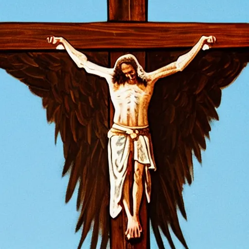 Image similar to a bald eagle, crucified on a crucifix