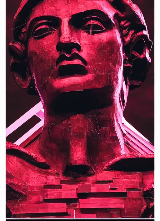 Image similar to dark design poster showing a close up of a statue of achilles, black background with very subtle red and purple design elements, powerful, nekro, vito acconci, thin straight lines, dark, glitch art, neo vaporwave, gritty, layout frame, square, extremly detailed, trending on artstation