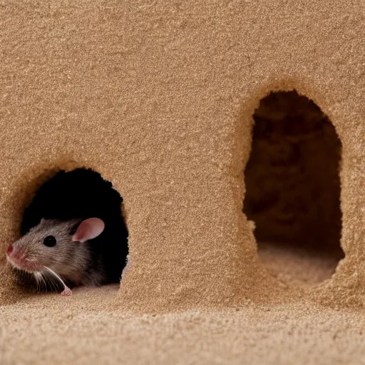 Image similar to dslr photo still of a mouse inside a sand castle, 8 k, 8 5 mm f 1. 4