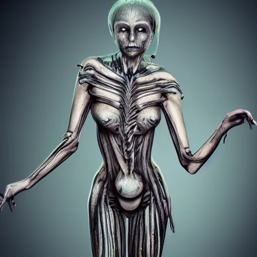 Prompt: full body photograph of a beautiful woman in the style of H.R. Giger