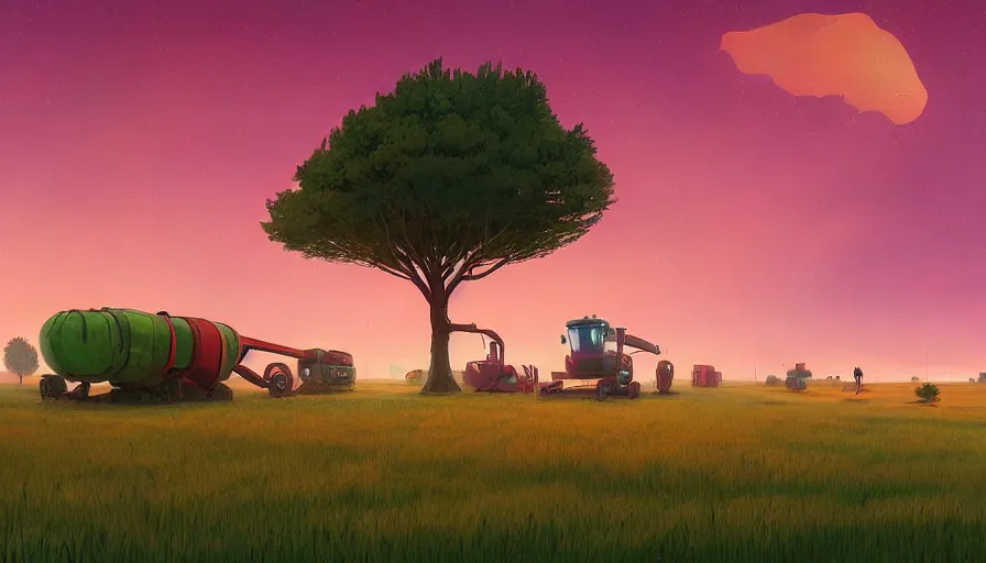 Image similar to colourful sky, wheat field, futuristic harvesters, big tree, matte painting, art station, digital art, simon stalenhag