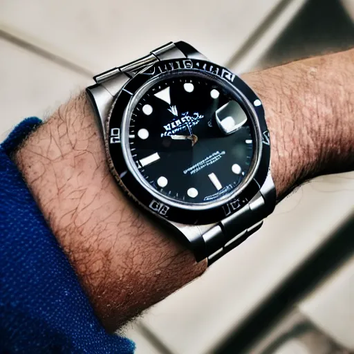 Prompt: rolex watch on a man arm, cinematic, macro lense