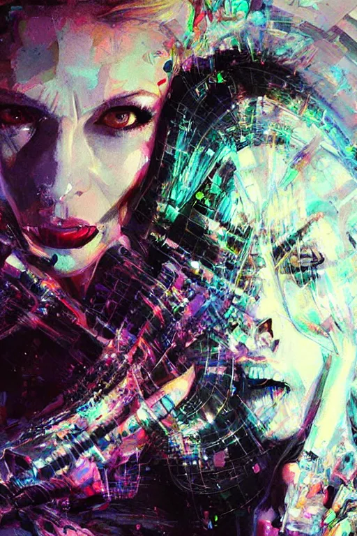 Prompt: portrait, headshot, digital painting, an delightfully mad techno - shaman lady, wink, synthwave, tensor field, glitch, refraction, fracture, realistic, hyperdetailed, chiaroscuro, concept art, art by john berkey