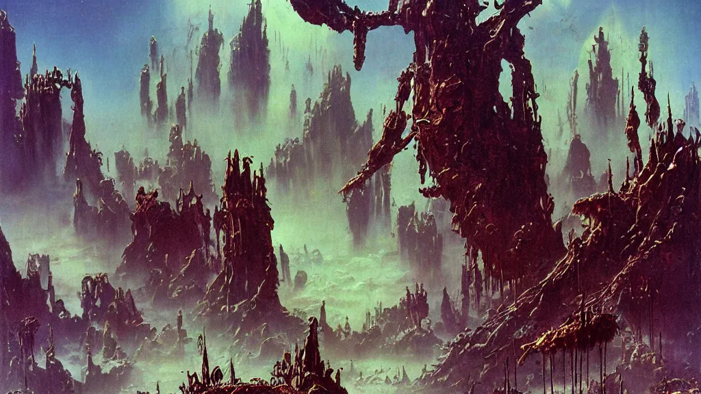 Image similar to surreal eerie alien planet empire with strange biomechanical plants by frank frazetta and bruce pennington, cinematic matte painting