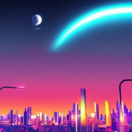 Prompt: neon sci - fi city, modern city, neon colours, high saturation, high def, 8 k, hd, two moons on night sky,